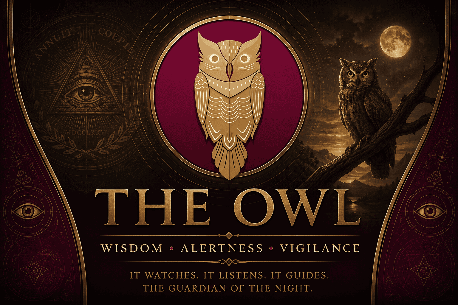 Symbols owl representing wisdom, alertness, vigilance, and protection