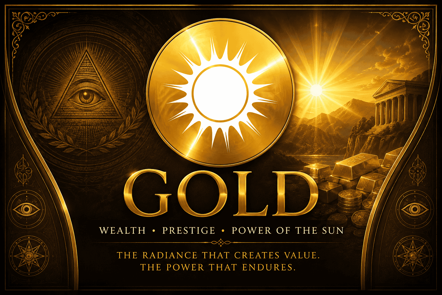 Symbols gold representing wealth, prestige, power, and the illuminating force of the Sun