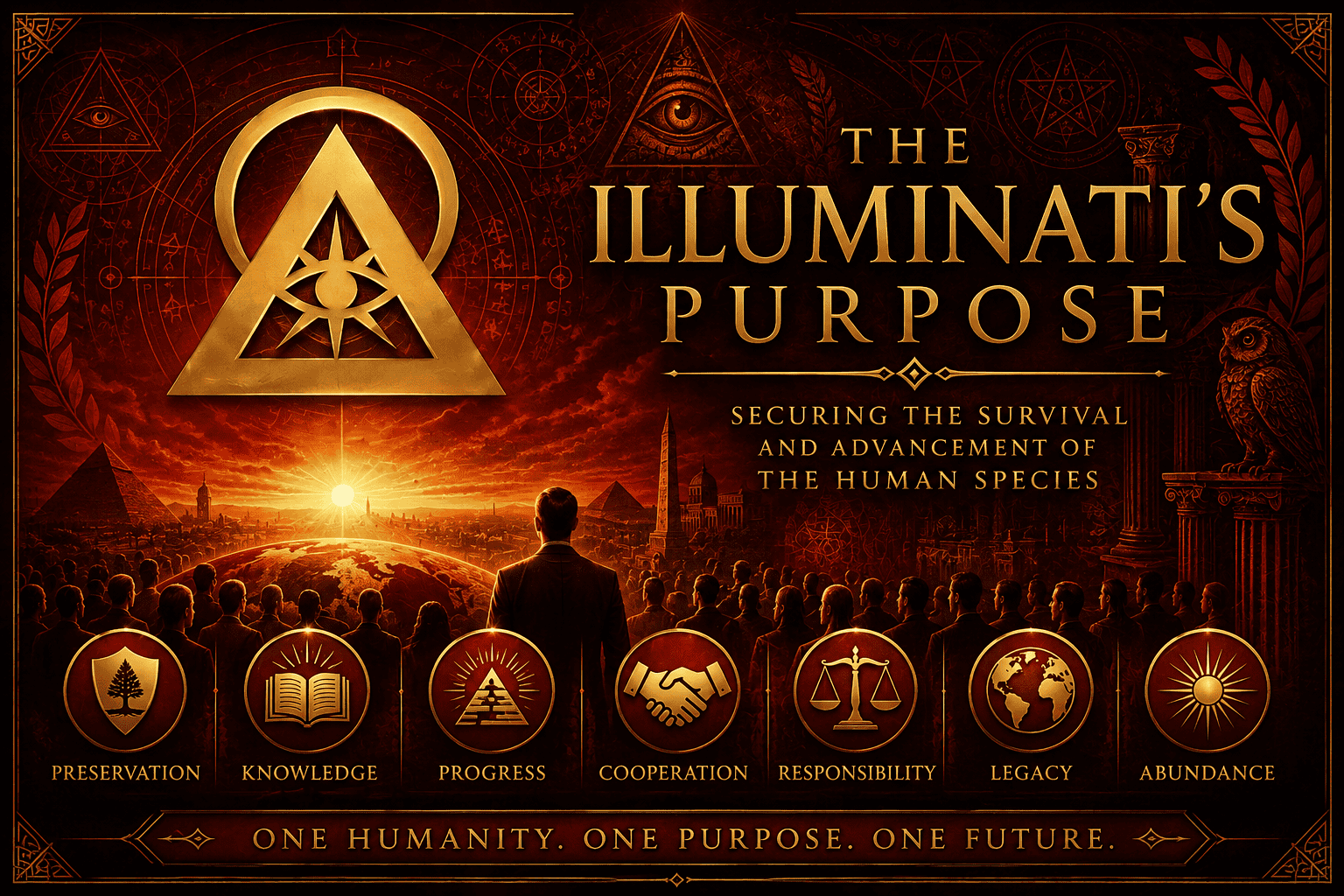 Purpose of the Illuminati represented by a golden eye and pyramid surrounded by symbolic imagery