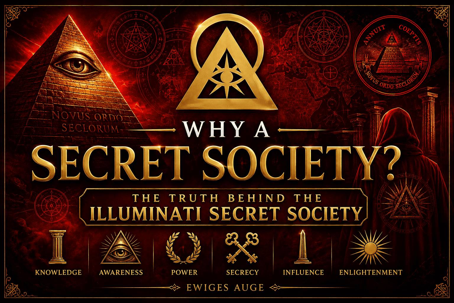 Purpose of the Illuminati secret society represented by a golden pyramid, all-seeing eye, and Illuminati symbols