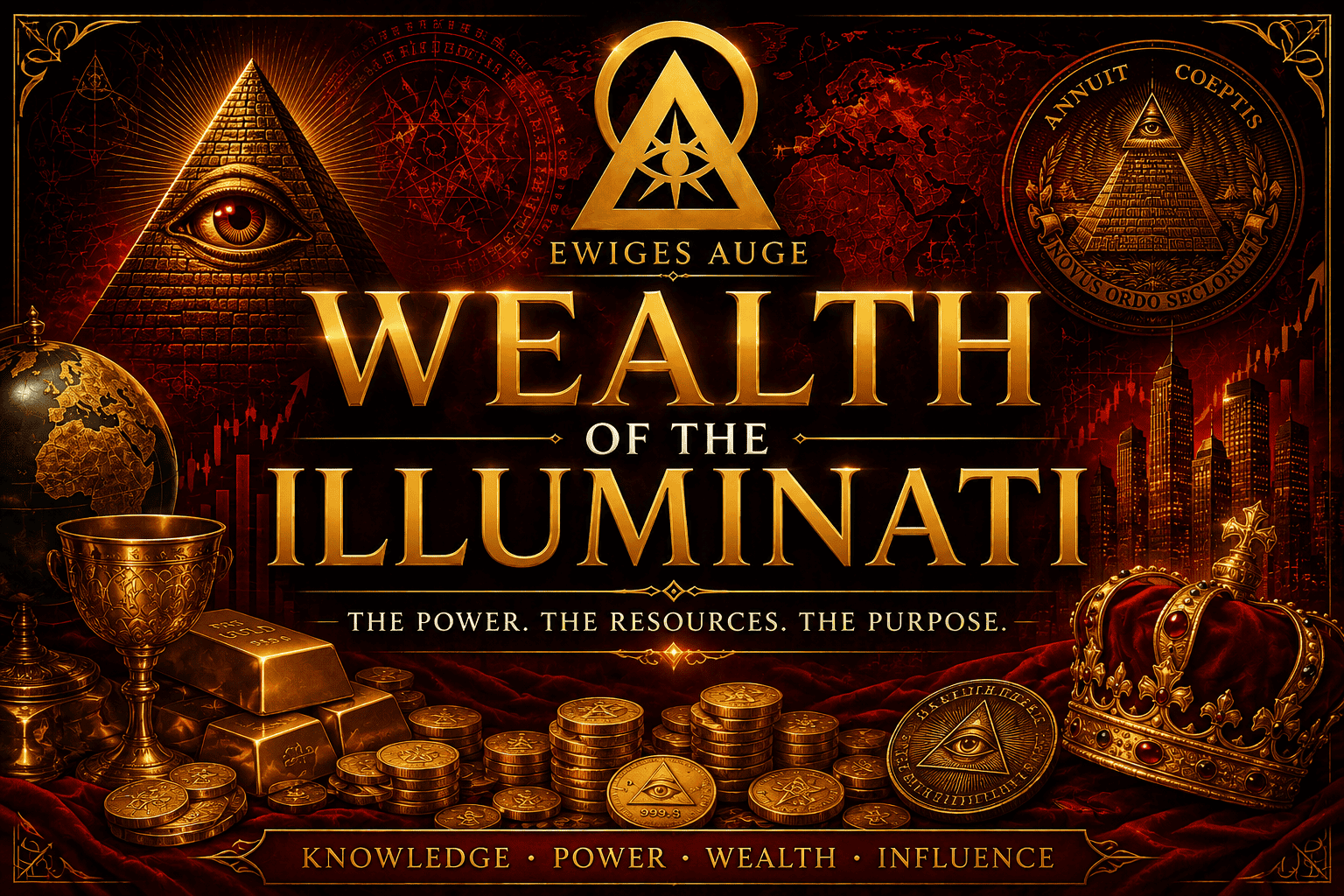 Illuminati wealth represented by a golden pyramid, all-seeing eye, gold coins, gold bars, crown, and symbolic imagery