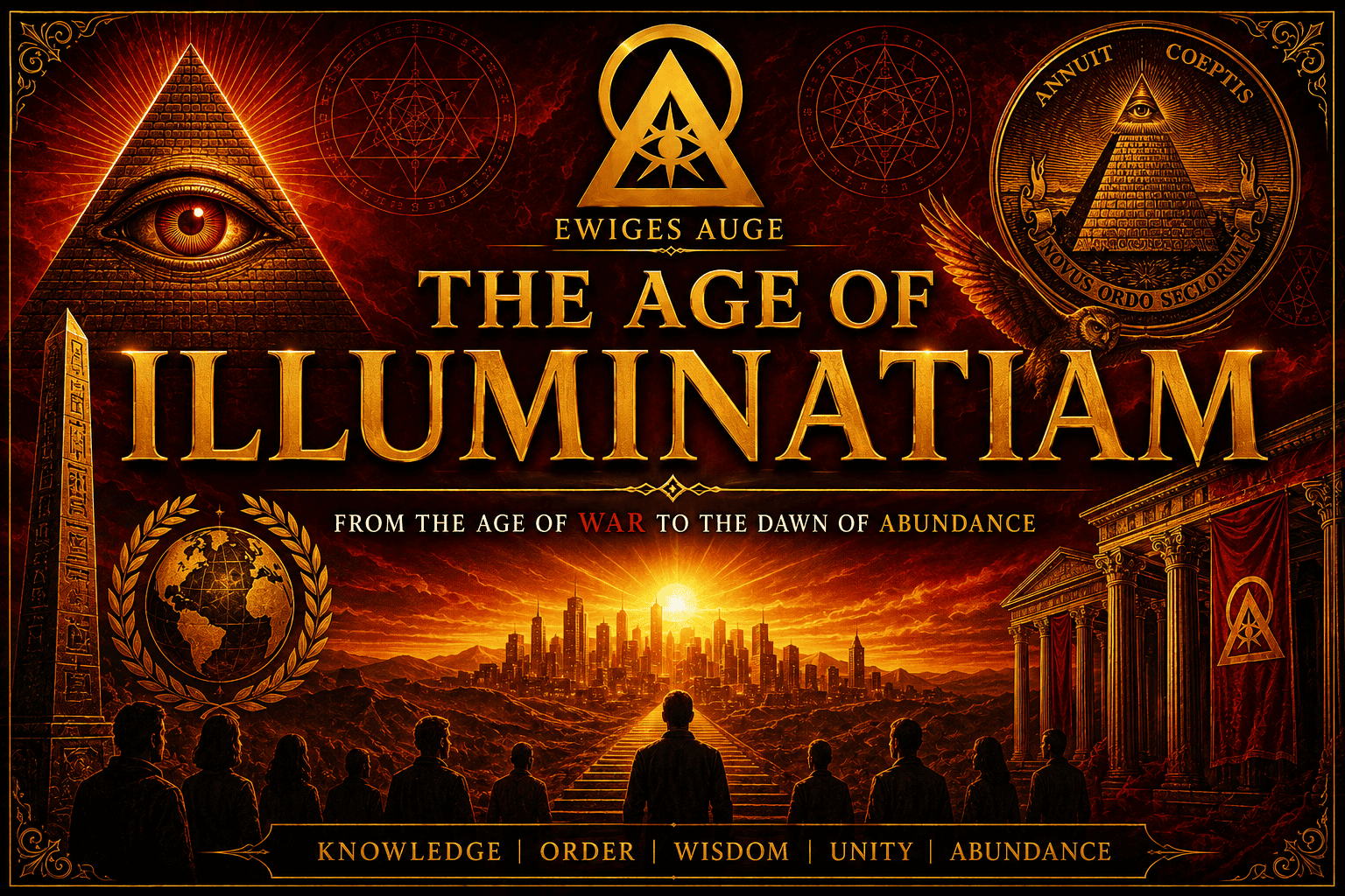 The Age of Illuminatiam represented by a golden pyramid, all-seeing eye, owl, obelisk, and radiant city against a red and gold background