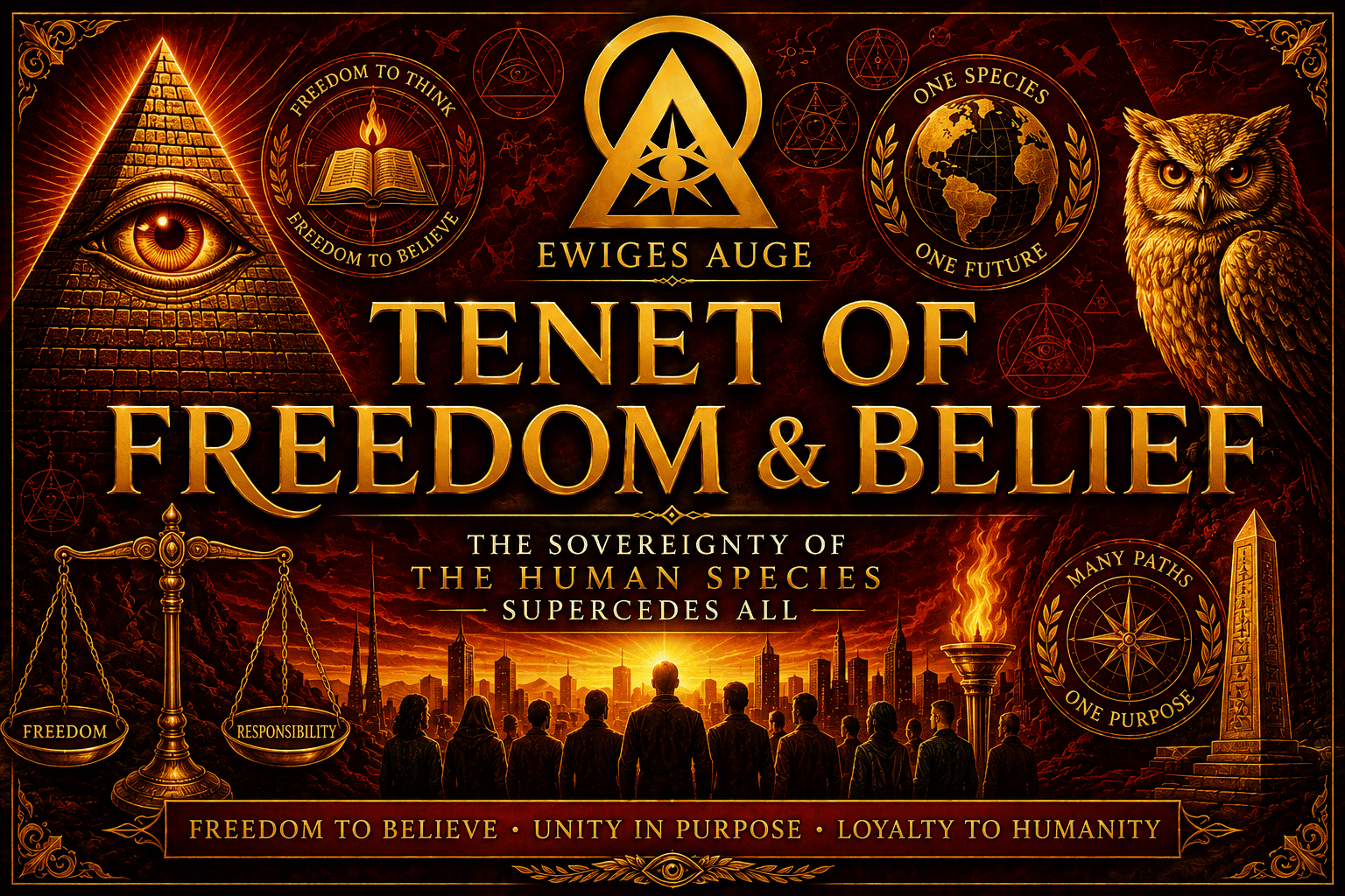 Tenet of Freedom & Belief – Illuminati Symbols of Unity and Human Sovereignty Tenet of freedom and belief represented by a golden pyramid, all-seeing eye, owl, scales, obelisk, and symbolic imagery