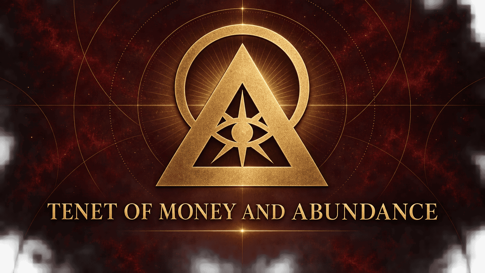 Illuminati money and abundance cover featuring a gold eye-and-triangle emblem on a dark red background